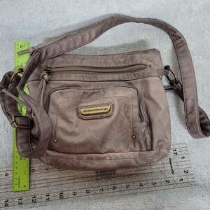 Stone Mountain Taupe Gray Faux Leather Triple Compartment Crossbody Bag Tassels
